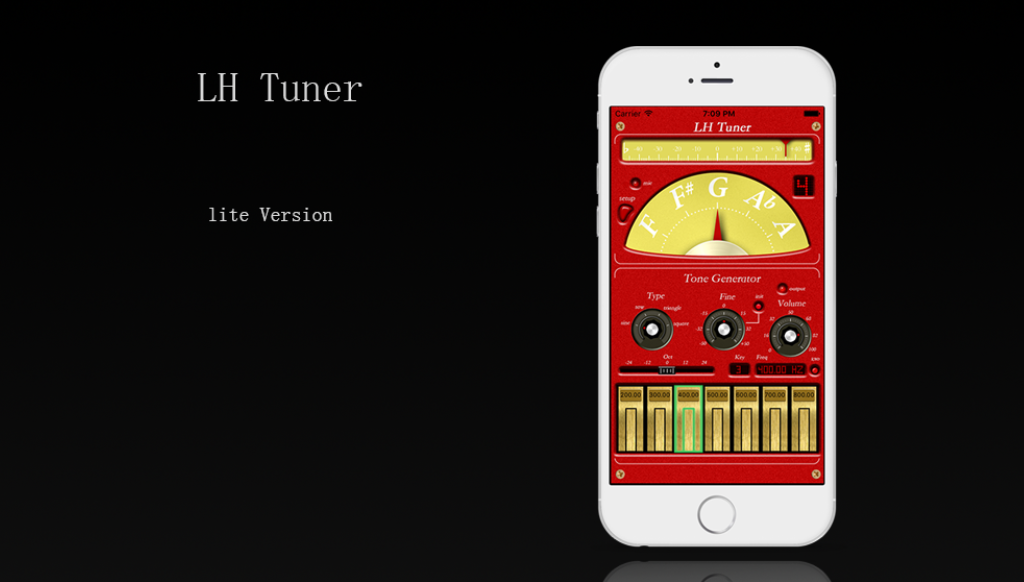 LH Tuner interface with cent display, note wheel, needle meter, keyboards, and tone-generator controls